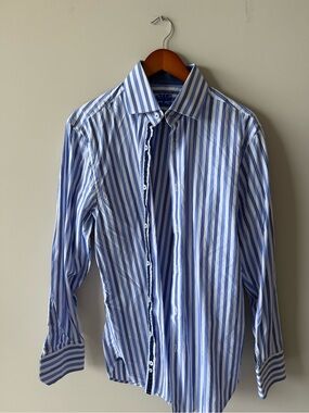 Michelsons Men's Blue and White Striped Dress Shirt medium